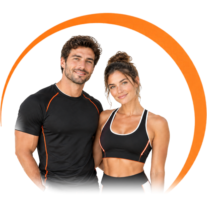 A smiling man and woman in black and orange sportswear framed by an orange arc